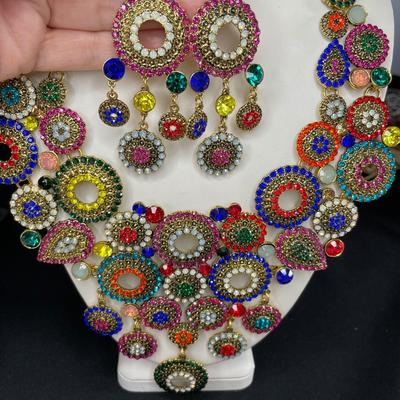 Huge Bib Necklace and Earrings with Multicolored Stones