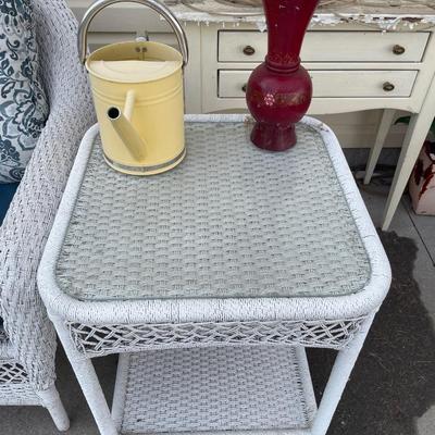 White wicker, loveseat, and table