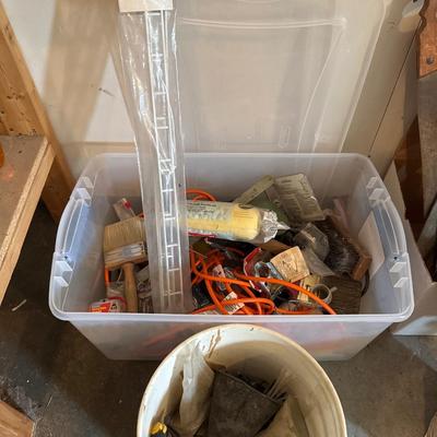 Tote and bucket of household hardware