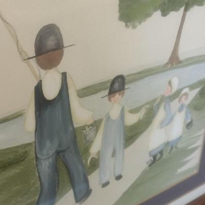 Framed Art Print Amish Going Fishing Signed by Artist