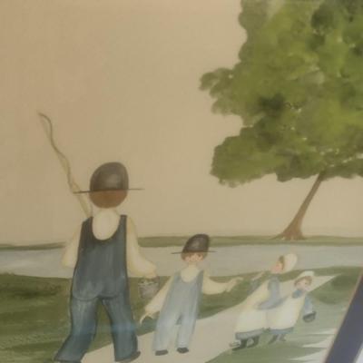 Framed Art Print Amish Going Fishing Signed by Artist