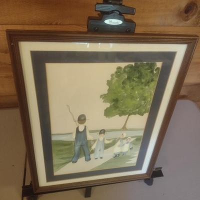 Framed Art Print Amish Going Fishing Signed by Artist