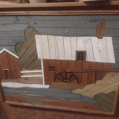 Folk Art Framed Wood Pieces Barn and Grist Mill