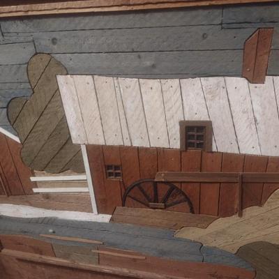 Folk Art Framed Wood Pieces Barn and Grist Mill
