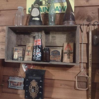 Collection of Primitive and Vintage Collectible Rustic and Farmhouse Items Choice C (Chainsaw Sign not Included)