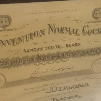 1922 Southern Baptist Convention Sunday School 'Convention Normal Course' Framed Diploma Nashville, TN