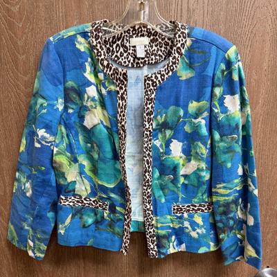 Chico's Size 1 Floral Blue Green Open Jacket 100% cotton