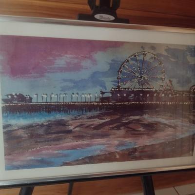Colorful Framed Art Print of Watercolor Depicting a Pier with Ferris Wheel in the Background