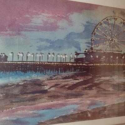 Colorful Framed Art Print of Watercolor Depicting a Pier with Ferris Wheel in the Background