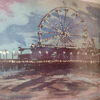 Colorful Framed Art Print of Watercolor Depicting a Pier with Ferris Wheel in the Background