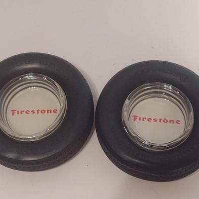 Pair of Vintage Advertising Firestone Tires Ashtrays Inserted in Rubber Tire