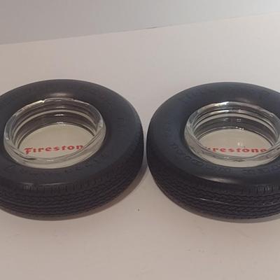 Pair of Vintage Advertising Firestone Tires Ashtrays Inserted in Rubber Tire