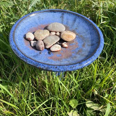 Blue bird bath with rocks