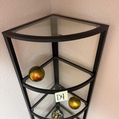 Sale Photo Thumbnail #689: Metal shelf with glass shelves, plus contents