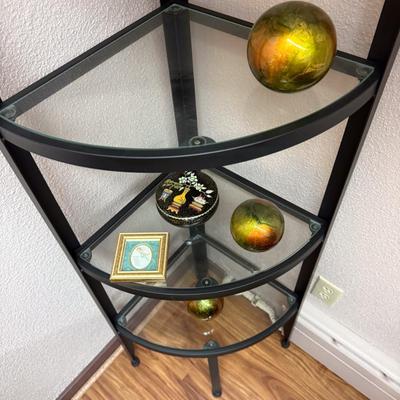 Sale Photo Thumbnail #688: Metal shelf with glass shelves, plus contents
