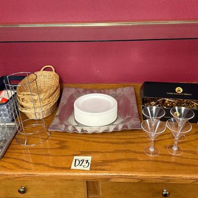 Sale Photo Thumbnail #746: Plastic cutlery, paper plates, baskets, large tray, glasses, coffee filters, etc.