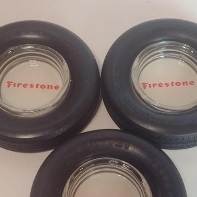 Set of Three Vintage Advertising Firestone Tires Ashtrays Inserted in Rubber Tire