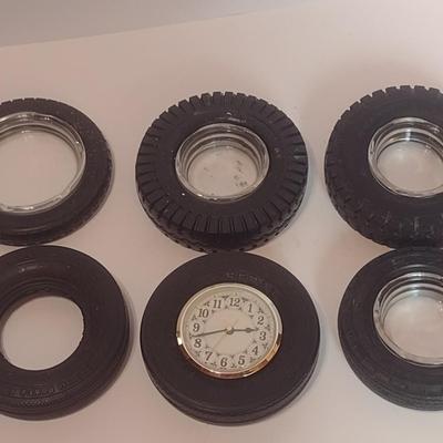 Set of Six Rubber Tire Base Ashtray Holders Advertising Good Year, Good Rich, General