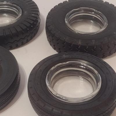 Set of Six Rubber Tire Base Ashtray Holders Advertising Good Year, Good Rich, General
