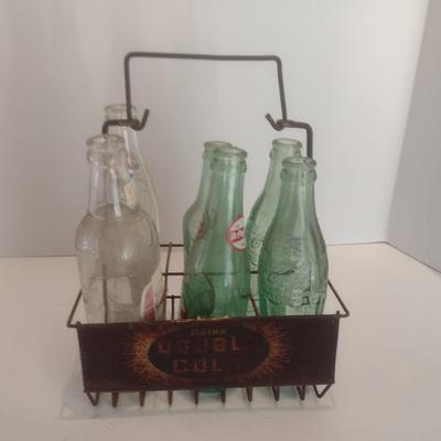 Nice Collection of Vintage Soda Bottles Includes Dr. Pepper, Coca-Cola, Tom's and The Original 3 Centa in a Double Cola Wire Carry...