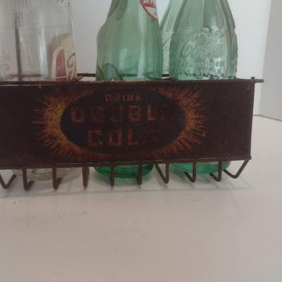 Nice Collection of Vintage Soda Bottles Includes Dr. Pepper, Coca-Cola, Tom's and The Original 3 Centa in a Double Cola Wire Carry...