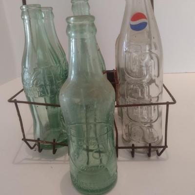 Nice Collection of Vintage Soda Bottles Includes Dr. Pepper, Coca-Cola, Tom's and The Original 3 Centa in a Double Cola Wire Carry...