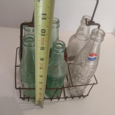 Nice Collection of Vintage Soda Bottles Includes Dr. Pepper, Coca-Cola, Tom's and The Original 3 Centa in a Double Cola Wire Carry...