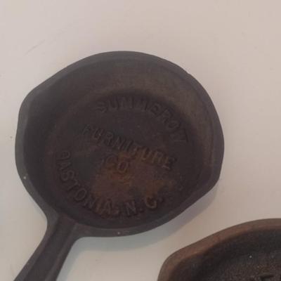 Set of Three Vintage Miniature Cast Iron Advertising Skillets and Ashtray