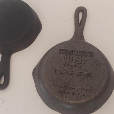Set of Three Vintage Miniature Cast Iron Advertising Skillets and Ashtray