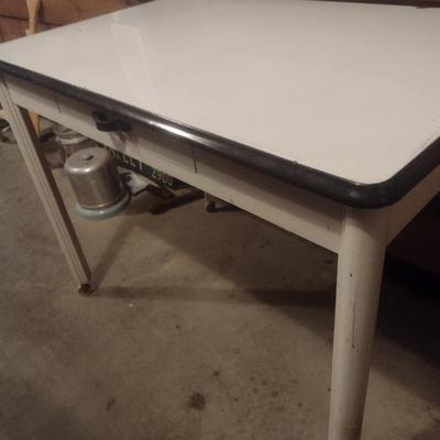 Vintage Enamel Metal Tabletop with Wood Frame Base