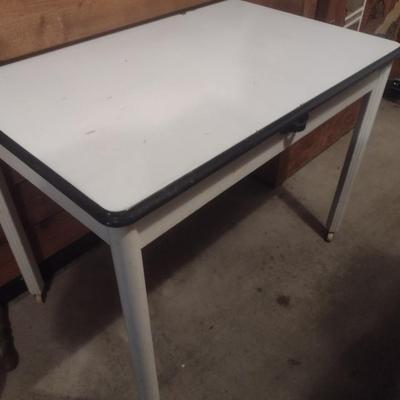 Vintage Enamel Metal Tabletop with Wood Frame Base
