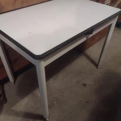 Vintage Enamel Metal Tabletop with Wood Frame Base