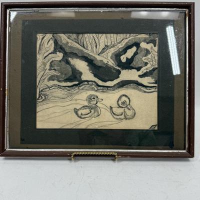 Framed Etching of Two Baby Duckings Swimming, unsigned