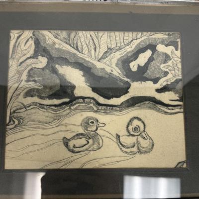 Framed Etching of Two Baby Duckings Swimming, unsigned