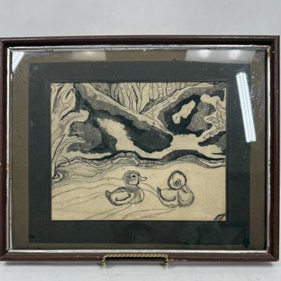 Framed Etching of Two Baby Duckings Swimming, unsigned