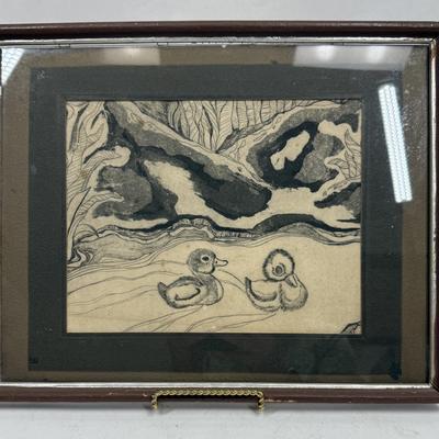 Framed Etching of Two Baby Duckings Swimming, unsigned