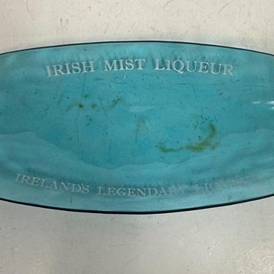 Aqua Blue Glass Oval Serving Dish says "Irish Mist Liqueur"