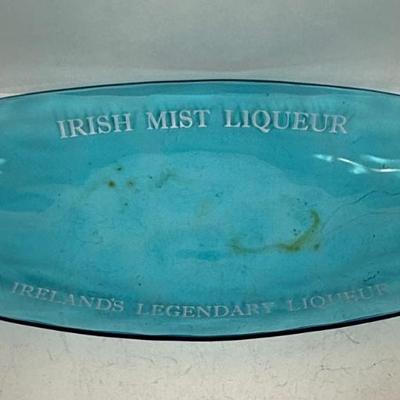 Aqua Blue Glass Oval Serving Dish says "Irish Mist Liqueur"
