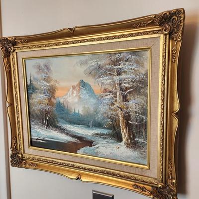 Oil on Canvas Signed Painting Winter Mountain Landscape