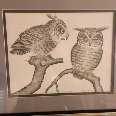 Framed Owls Print "Henpecked" Bruce Collins