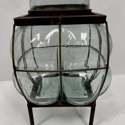 Vintage Brutalist Wrought Iron Caged Glass Planter