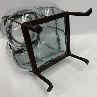 Vintage Brutalist Wrought Iron Caged Glass Planter