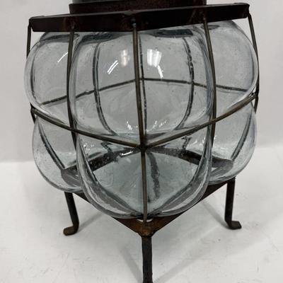 Vintage Brutalist Wrought Iron Caged Glass Planter