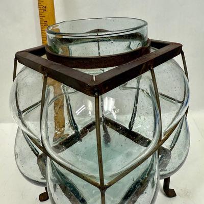 Vintage Brutalist Wrought Iron Caged Glass Planter