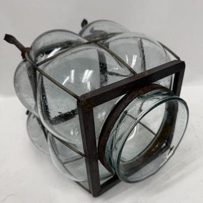 Vintage Brutalist Wrought Iron Caged Glass Planter