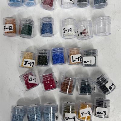 Vintage Seed Bead Storage Tray with individual lidded bottles labeled by previous owner