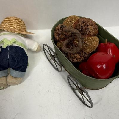 Plush Gardener Bear with metal wagon loaded with produce