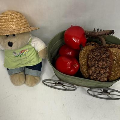Plush Gardener Bear with metal wagon loaded with produce