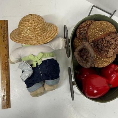 Plush Gardener Bear with metal wagon loaded with produce