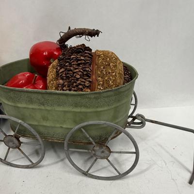 Plush Gardener Bear with metal wagon loaded with produce
